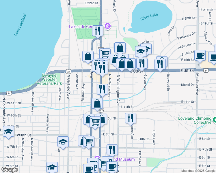 map of restaurants, bars, coffee shops, grocery stores, and more near 1231 North Jefferson Avenue in Loveland