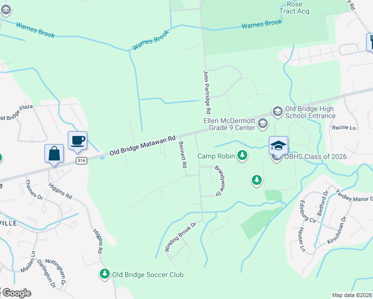 map of restaurants, bars, coffee shops, grocery stores, and more near 1 Bennett Road in Matawan