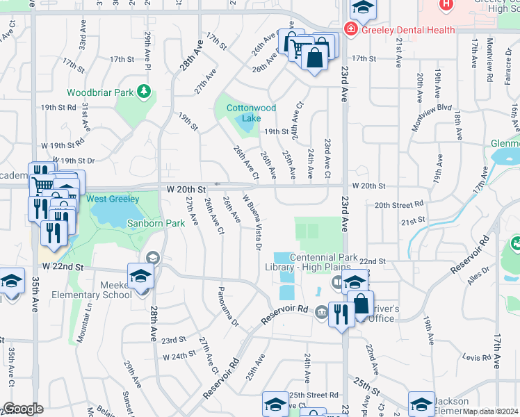 map of restaurants, bars, coffee shops, grocery stores, and more near 2036 Buena Vista Court in Greeley