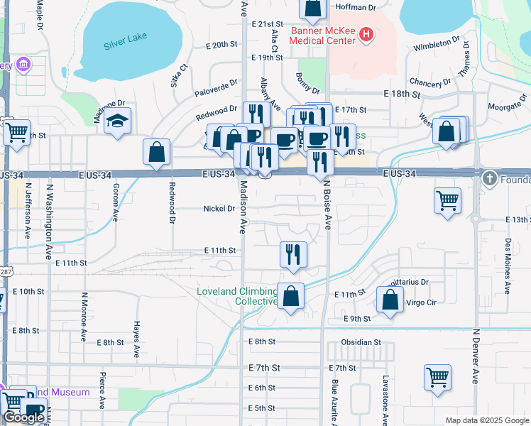 map of restaurants, bars, coffee shops, grocery stores, and more near 1330 Nickel Drive in Loveland