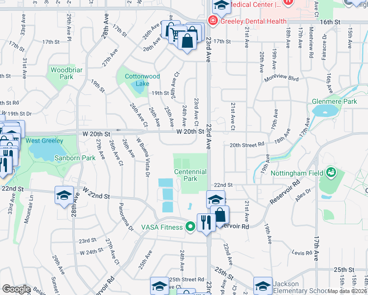map of restaurants, bars, coffee shops, grocery stores, and more near 2402 West 20th Street Road in Greeley