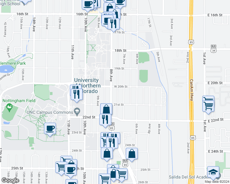 map of restaurants, bars, coffee shops, grocery stores, and more near 2010 U.S. 85 Business in Greeley