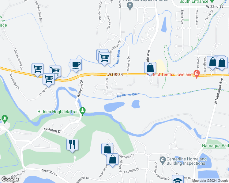 map of restaurants, bars, coffee shops, grocery stores, and more near 1212 Butte Road in Loveland