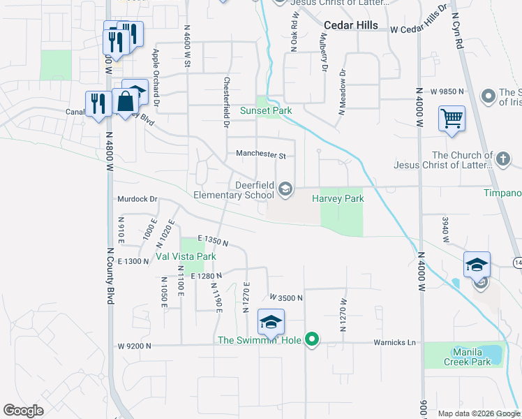 map of restaurants, bars, coffee shops, grocery stores, and more near 4425 West Bridgestone Drive in Cedar Hills