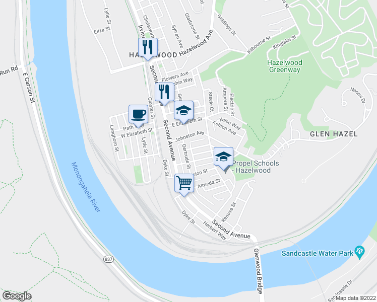 map of restaurants, bars, coffee shops, grocery stores, and more near 214 Trowbridge Street in Pittsburgh