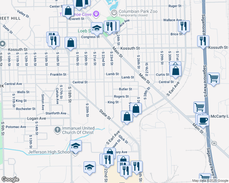 map of restaurants, bars, coffee shops, grocery stores, and more near 1128 South 23rd Street in Lafayette