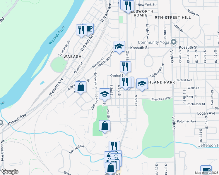 map of restaurants, bars, coffee shops, grocery stores, and more near 1119 South 2nd Street in Lafayette