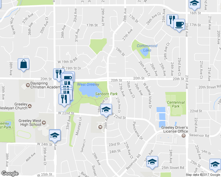 map of restaurants, bars, coffee shops, grocery stores, and more near 2026 28th Avenue in Greeley
