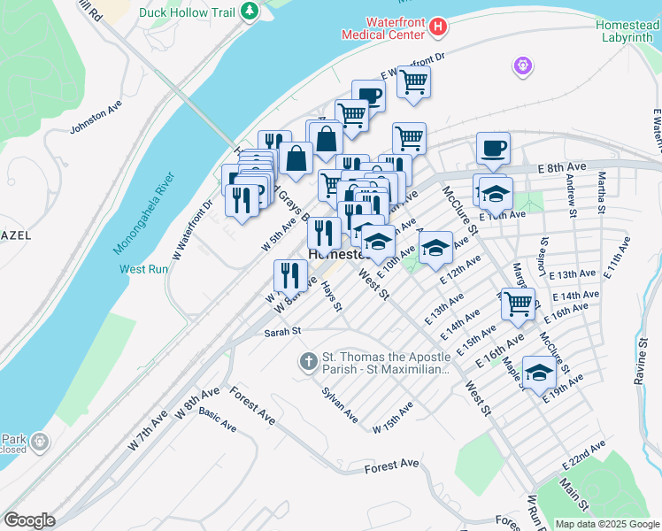 map of restaurants, bars, coffee shops, grocery stores, and more near 118 West 8th Avenue in Homestead