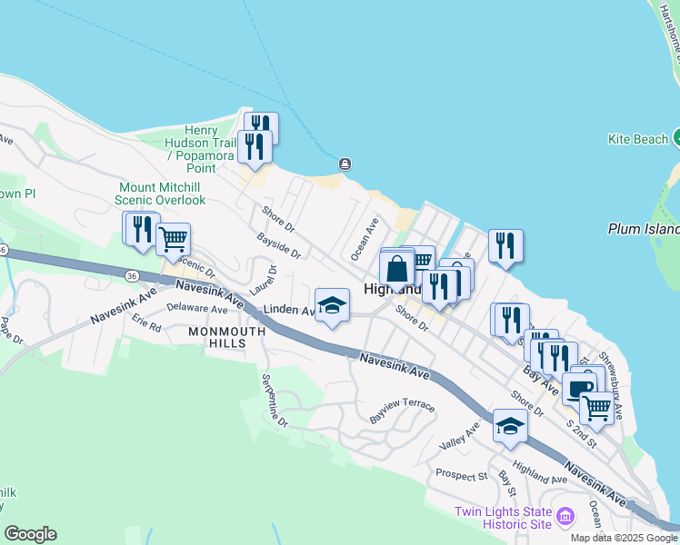 map of restaurants, bars, coffee shops, grocery stores, and more near 319 Shore Drive in Highlands