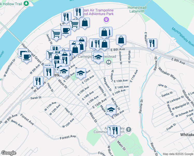 map of restaurants, bars, coffee shops, grocery stores, and more near 1212 McClure Street in Homestead