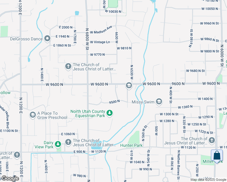 map of restaurants, bars, coffee shops, grocery stores, and more near 9559 North 6620 West Street in Highland