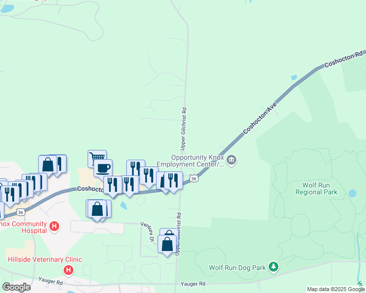 map of restaurants, bars, coffee shops, grocery stores, and more near 11770 Upper Gilchrist Road in Mount Vernon