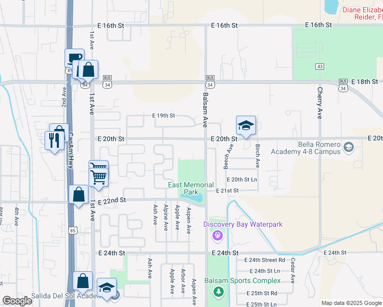 map of restaurants, bars, coffee shops, grocery stores, and more near 614 East 20th Street in Greeley