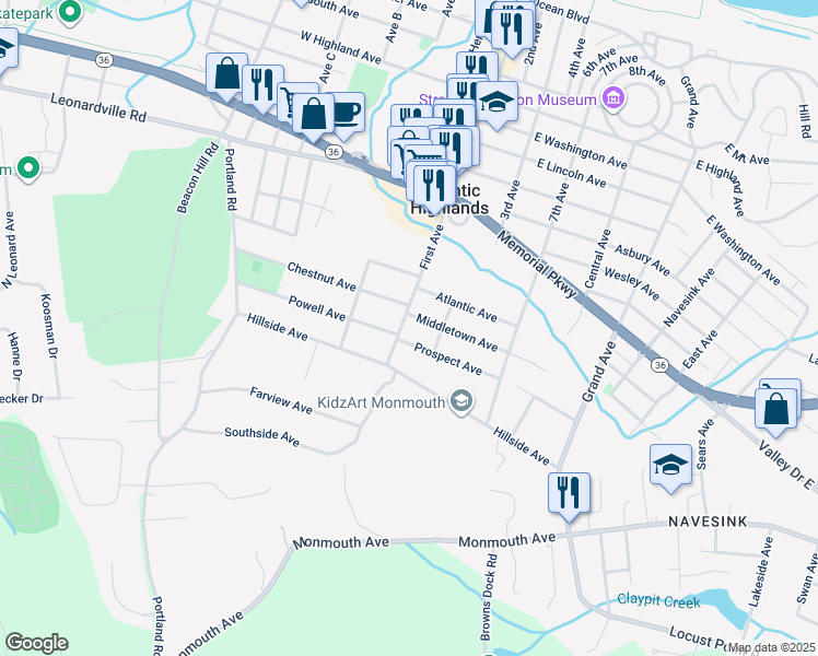 map of restaurants, bars, coffee shops, grocery stores, and more near 250 First Avenue in Atlantic Highlands