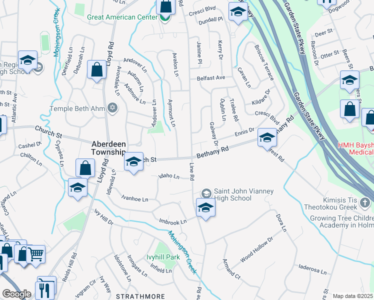 map of restaurants, bars, coffee shops, grocery stores, and more near 499 Line Road in Matawan