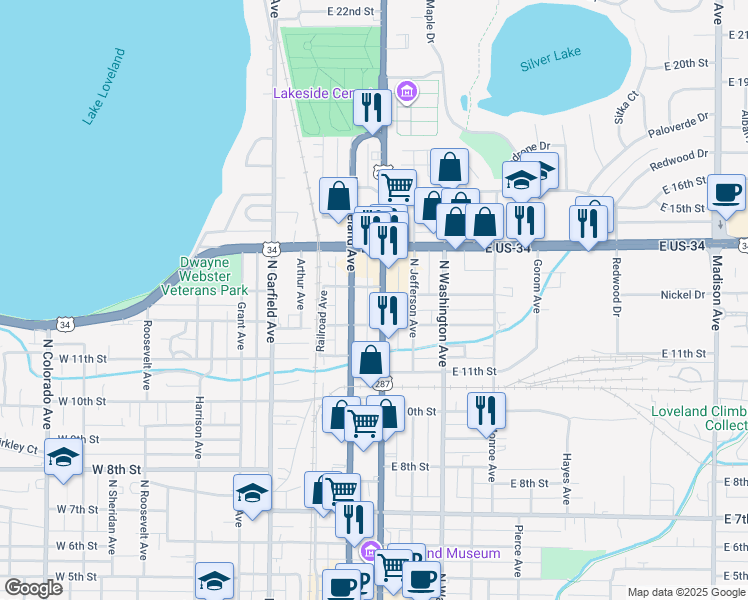 map of restaurants, bars, coffee shops, grocery stores, and more near 1243 North Lincoln Avenue in Loveland