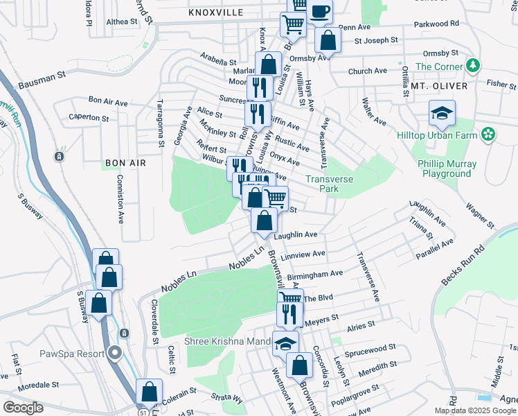 map of restaurants, bars, coffee shops, grocery stores, and more near 1103 Brownsville Road in Pittsburgh