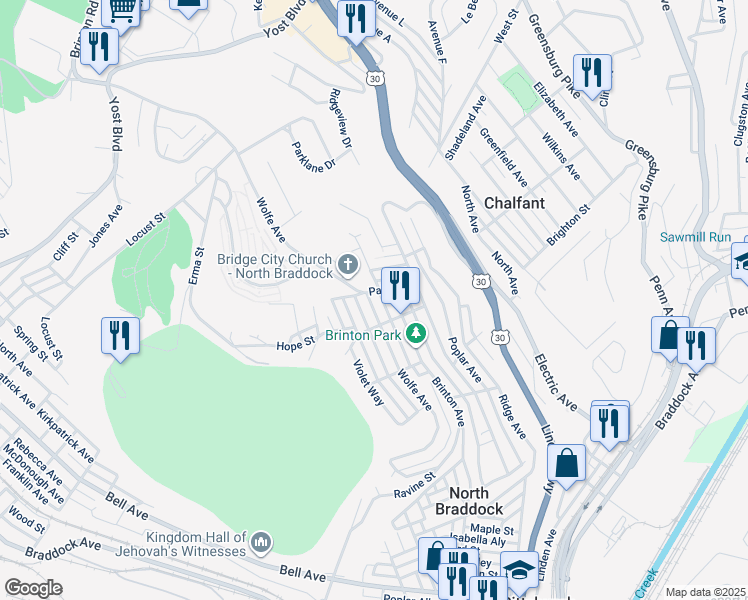 map of restaurants, bars, coffee shops, grocery stores, and more near 1305 Wolfe Avenue in Braddock