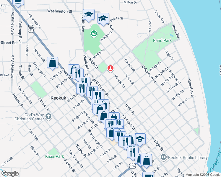 map of restaurants, bars, coffee shops, grocery stores, and more near 224 North 15th Street in Keokuk