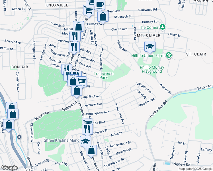 map of restaurants, bars, coffee shops, grocery stores, and more near 1010 Wingate Street in Pittsburgh