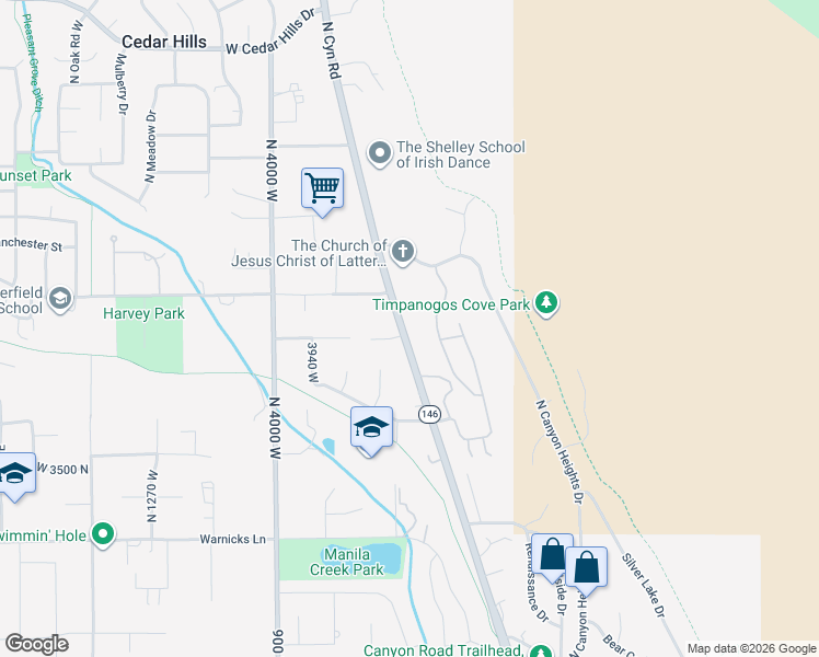 map of restaurants, bars, coffee shops, grocery stores, and more near 3862 Canyon Road in Pleasant Grove