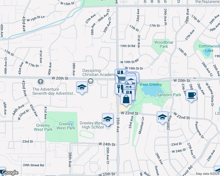map of restaurants, bars, coffee shops, grocery stores, and more near 2058 35th Avenue Court in Greeley