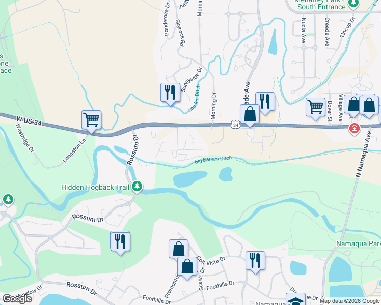 map of restaurants, bars, coffee shops, grocery stores, and more near 1212 Butte Road in Loveland