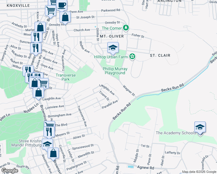 map of restaurants, bars, coffee shops, grocery stores, and more near 515 Laughlin Avenue in Pittsburgh