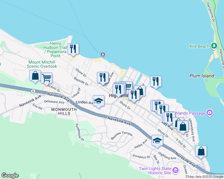 map of restaurants, bars, coffee shops, grocery stores, and more near 342 Bay Avenue in Highlands