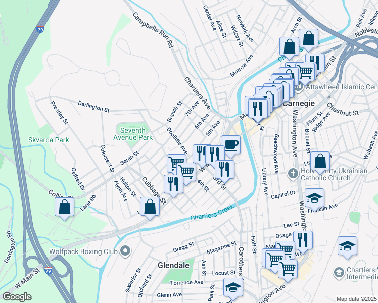 map of restaurants, bars, coffee shops, grocery stores, and more near 372 5th Avenue in Carnegie