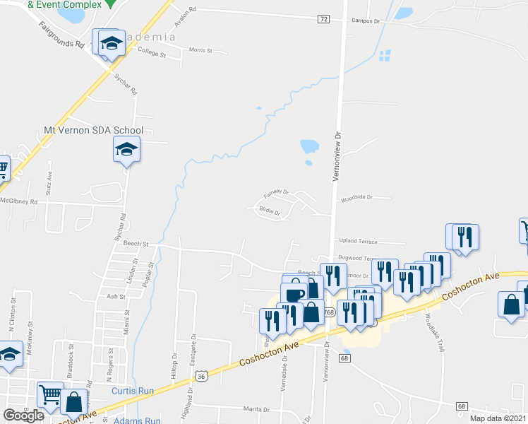 map of restaurants, bars, coffee shops, grocery stores, and more near 64 Fairway Drive in Mount Vernon