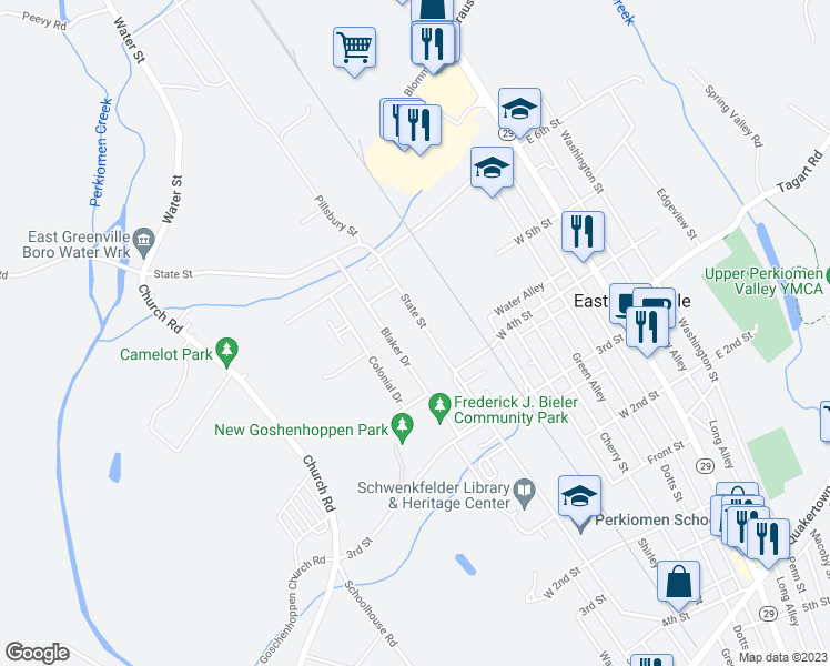 map of restaurants, bars, coffee shops, grocery stores, and more near 452 State Street in East Greenville