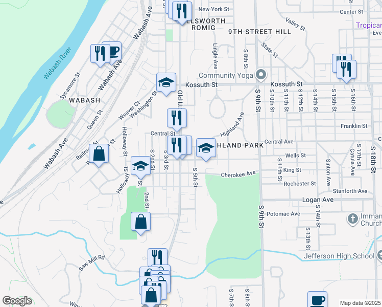 map of restaurants, bars, coffee shops, grocery stores, and more near 1112 South 5th Street in Lafayette