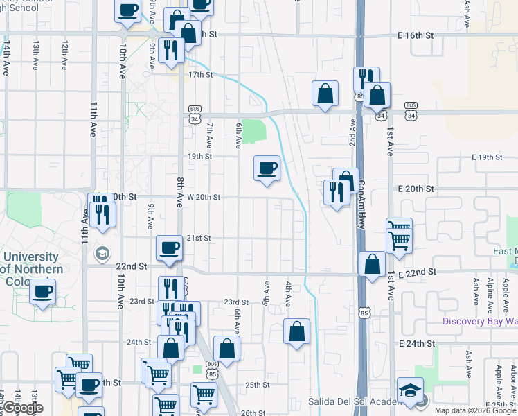 map of restaurants, bars, coffee shops, grocery stores, and more near 2012 6th Avenue in Greeley