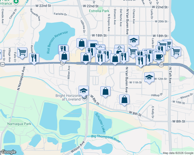 map of restaurants, bars, coffee shops, grocery stores, and more near 2377 Sopris Circle in Loveland