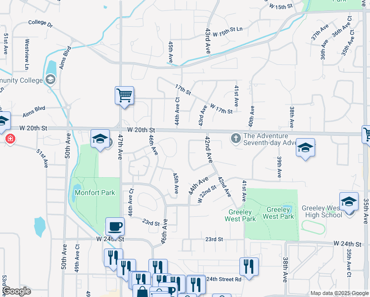 map of restaurants, bars, coffee shops, grocery stores, and more near 2023 44th Avenue in Greeley
