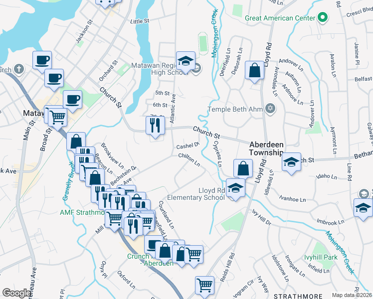 map of restaurants, bars, coffee shops, grocery stores, and more near 225 Cashel Drive in Monmouth County