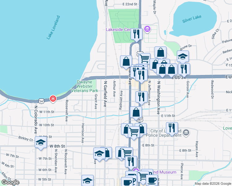 map of restaurants, bars, coffee shops, grocery stores, and more near 1246 Arthur Avenue in Loveland