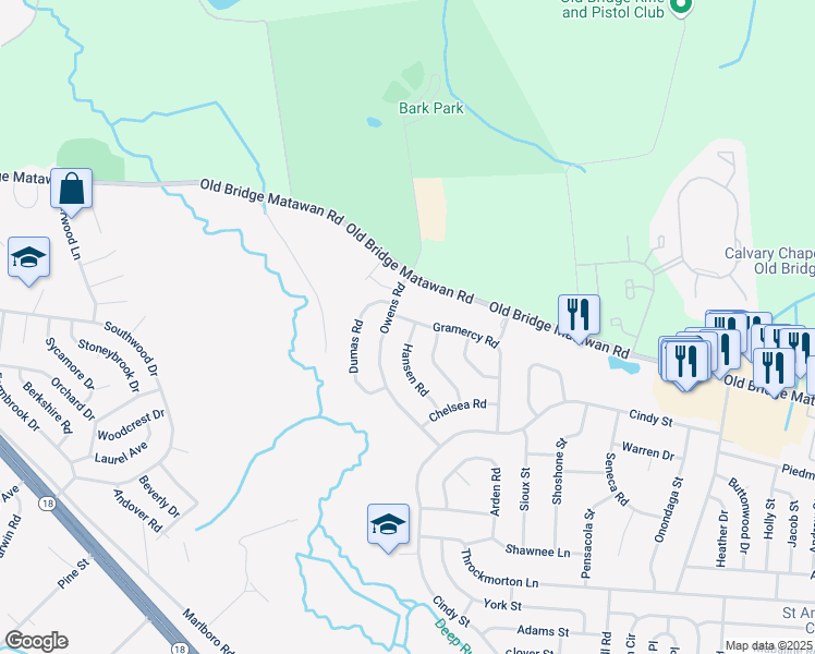 map of restaurants, bars, coffee shops, grocery stores, and more near 6 Gramercy Road in Old Bridge