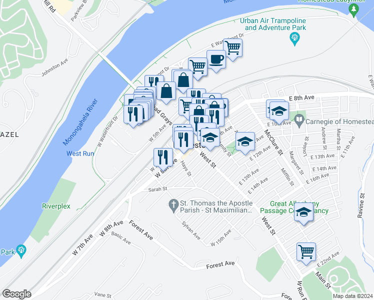 map of restaurants, bars, coffee shops, grocery stores, and more near in Homestead