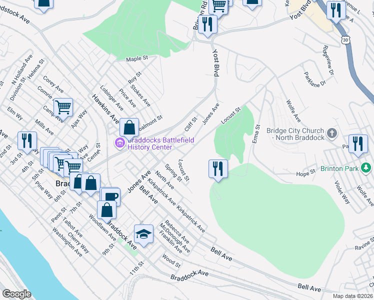 map of restaurants, bars, coffee shops, grocery stores, and more near 911 Locust Street in Braddock