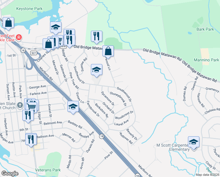 map of restaurants, bars, coffee shops, grocery stores, and more near 77 Southwood Drive in Old Bridge