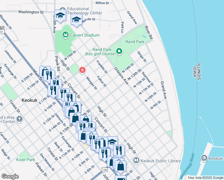 map of restaurants, bars, coffee shops, grocery stores, and more near 504 North 13th Street in Keokuk