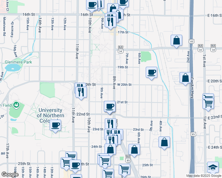 map of restaurants, bars, coffee shops, grocery stores, and more near 2010 U.S. 85 Business in Greeley
