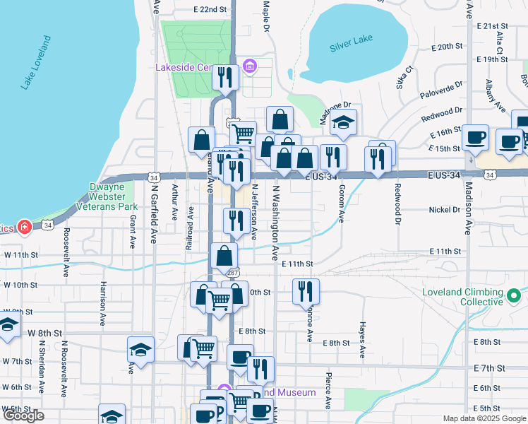 map of restaurants, bars, coffee shops, grocery stores, and more near 1273 North Washington Avenue in Loveland