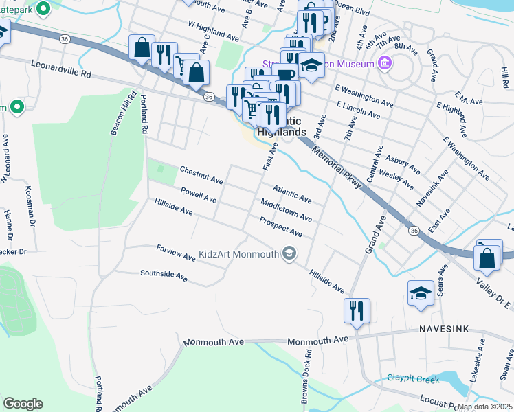 map of restaurants, bars, coffee shops, grocery stores, and more near 250 First Avenue in Atlantic Highlands