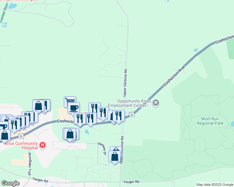 map of restaurants, bars, coffee shops, grocery stores, and more near 11701 Upper Gilchrist Road in Mount Vernon