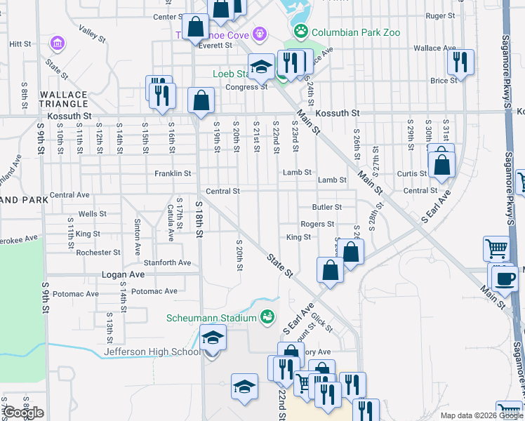 map of restaurants, bars, coffee shops, grocery stores, and more near 1202 South 22nd Street in Lafayette