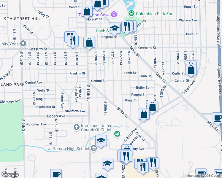 map of restaurants, bars, coffee shops, grocery stores, and more near 1123 South 20th Street in Lafayette